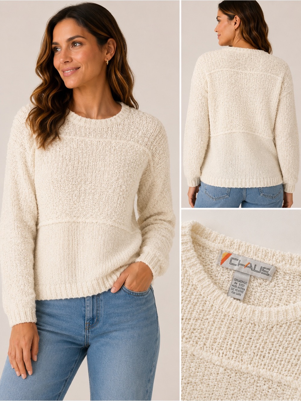 VTG Chaus Cream Cozy Textured Crewneck Sweater M